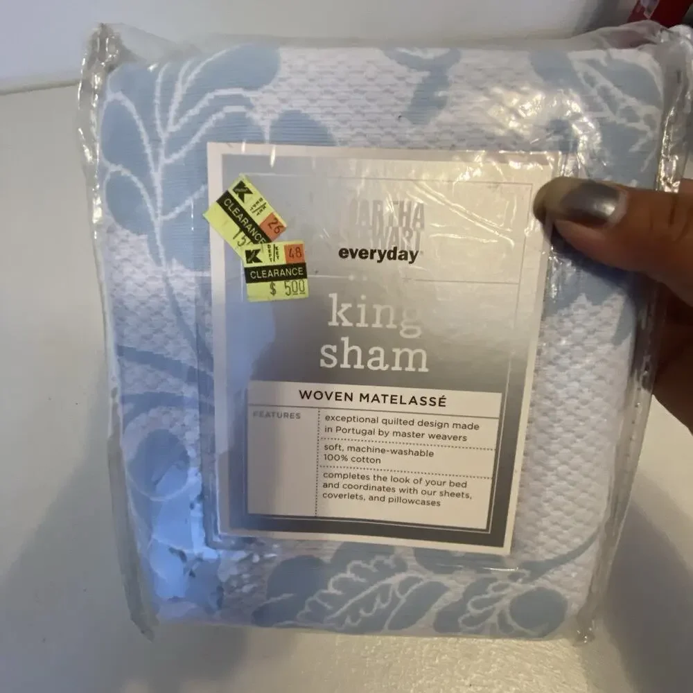 Martha Stewart King Pillow Sham Case100% Cotton White Blue Floral 24x40” Weavers